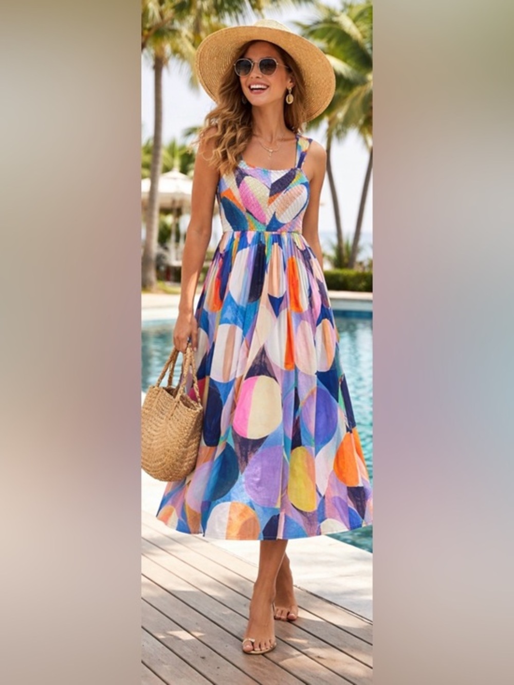 Abstract Print Smocked Midi Dress Pockets Cotton Resort Boho Colorful XS NWT
